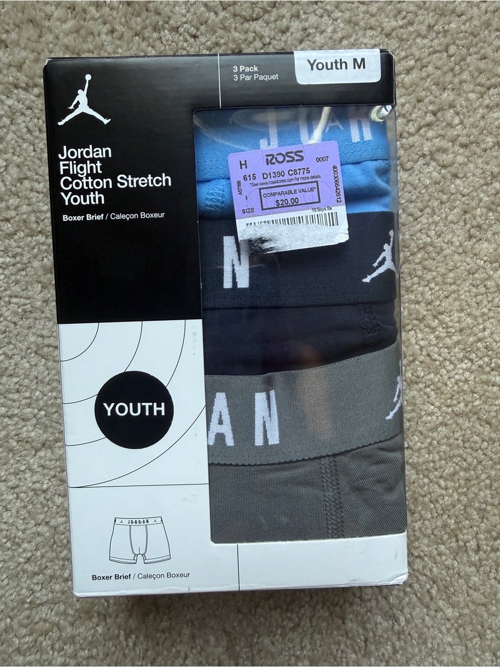Jordan Youth Cotton Stretch Boxer Briefs - 3 Pack (Blue, Black, Gray) Medium
